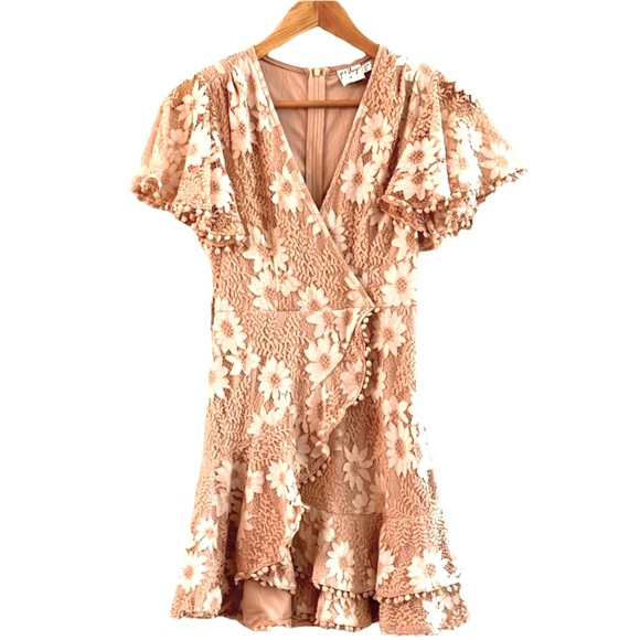 Princess Polly Floral Crochet Lace Overlay Surplice Ruffle Belted Mini Dress - Picture 5 of 7